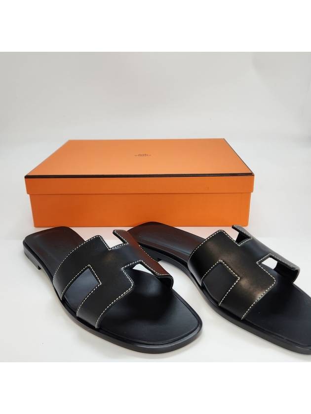 Oran Calfskin Slippers Noir Piqures Ecrues Black - HERMES - BALAAN 9