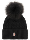 Grenoble Logo Patch Pom Pom Beanie Black - MONCLER - BALAAN.