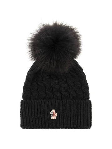 Grenoble Logo Patch Pom Pom Beanie Black - MONCLER - BALAAN.