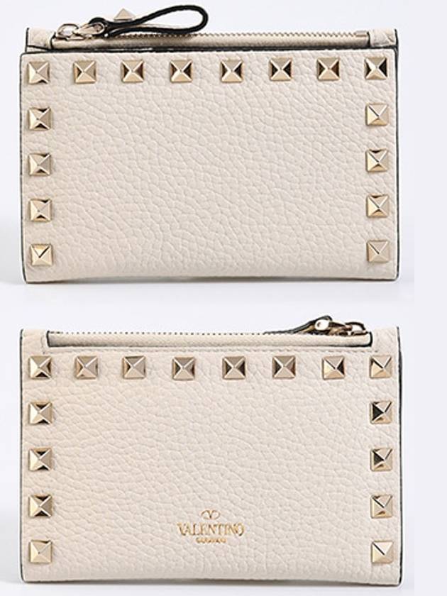 Logo Rockstud Leather Card Wallet Cream - VALENTINO - BALAAN 3