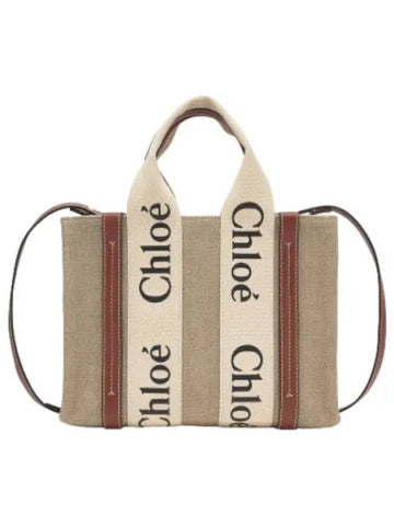 Small Linen Woody Tote Bag White Brown Handbag - CHLOE - BALAAN 1