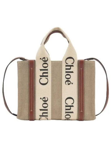 Small Linen Woody Tote Bag White Brown Handbag - CHLOE - BALAAN 1