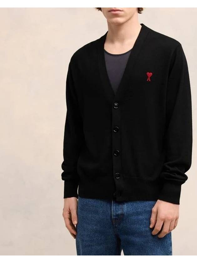 Red Heart Logo Merino Wool Cardigan Black - AMI - BALAAN 4