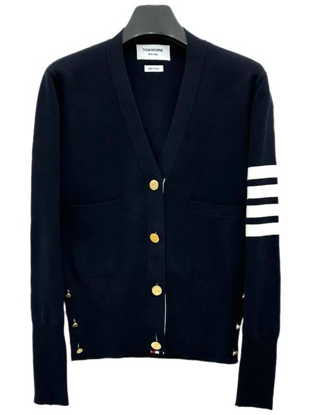 Milano Stitch 4 Bar Classic V Neck Fine Merino Wool Cardigan Navy - THOM BROWNE - BALAAN 2