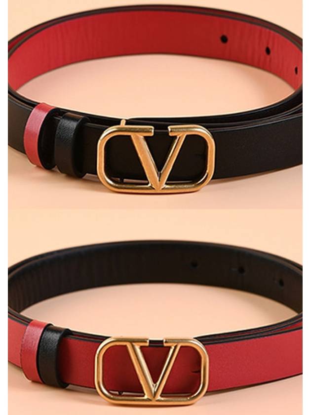 Women's Metal V Logo Buckle Leather Belt Black Red - VALENTINO - BALAAN 3