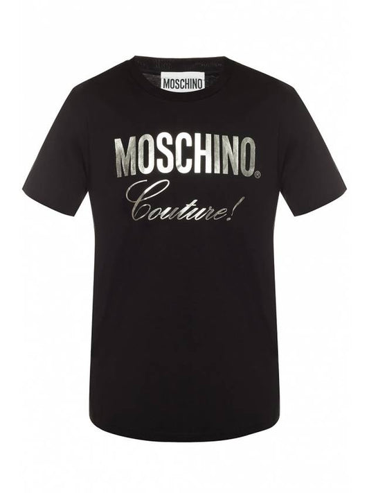 Silver Tone Logo Print Cotton Short Sleeve T-Shirt Black - MOSCHINO - BALAAN 1