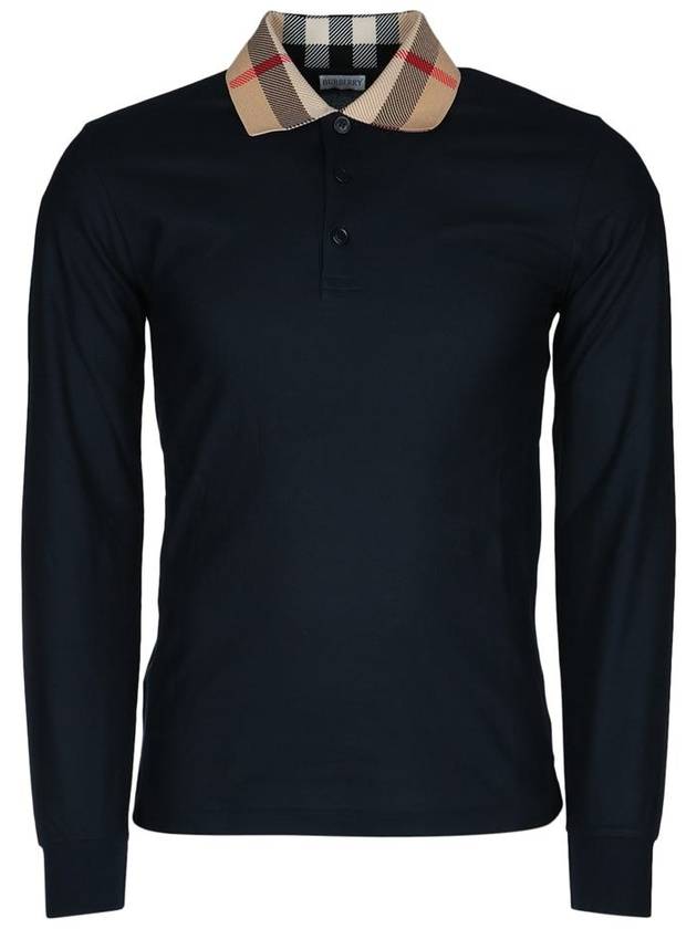 Check Collar Cotton Pique Long Sleeve Polo Shirt Smoke Navy - BURBERRY - BALAAN 2