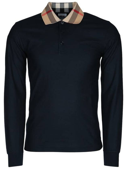 Check Collar Cotton Pique Long Sleeve Polo Shirt Smoke Navy - BURBERRY - BALAAN 2