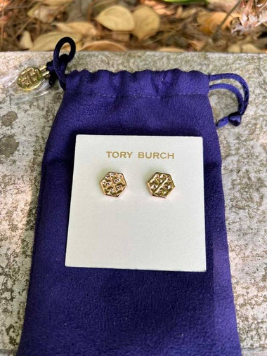 Rose Gold Plated Hexagon Logo Stud Earrings - TORY BURCH - BALAAN 1