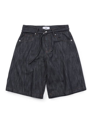 Bermuda Belted Satin Raw Denim Shorts Indigo - WEST GRAND BOULEVARD - BALAAN 1