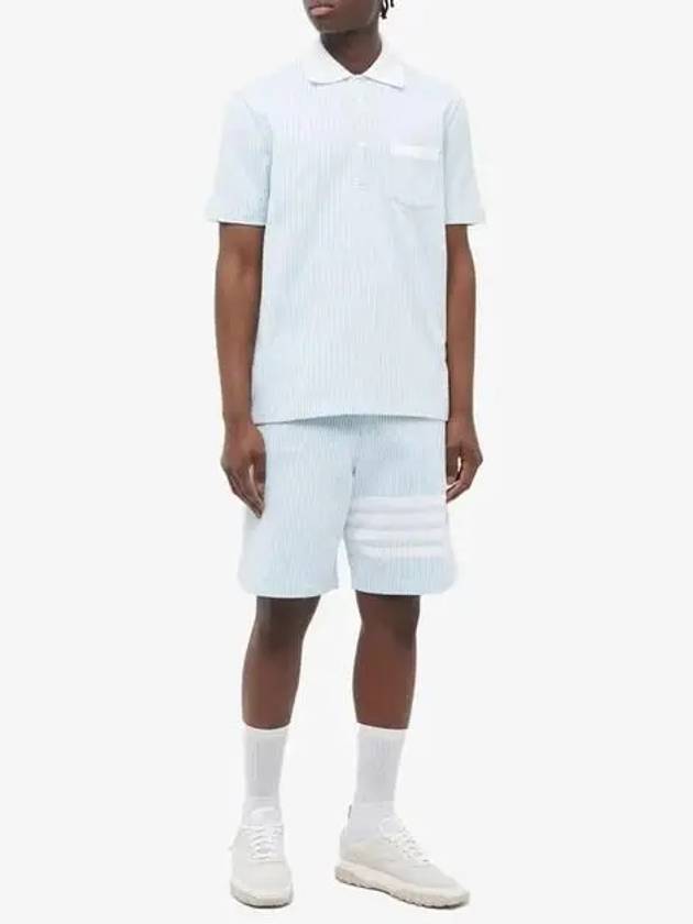 Striped Seersucker Pocket Short Sleeve Polo Shirt Light Blue - THOM BROWNE - BALAAN 7