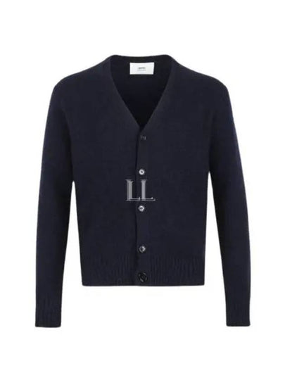 Heart Logo V Neck Cashmere Cardigan Navy - AMI - BALAAN 2