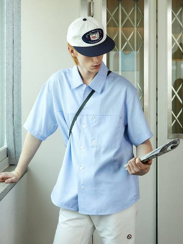 Convertible Collar Stripe Short Sleeve Shirt Sky Blue - KINETO - BALAAN 1