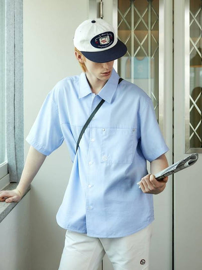 Convertible Collar Stripe Short Sleeve Shirt Sky Blue - KINETO - BALAAN 2