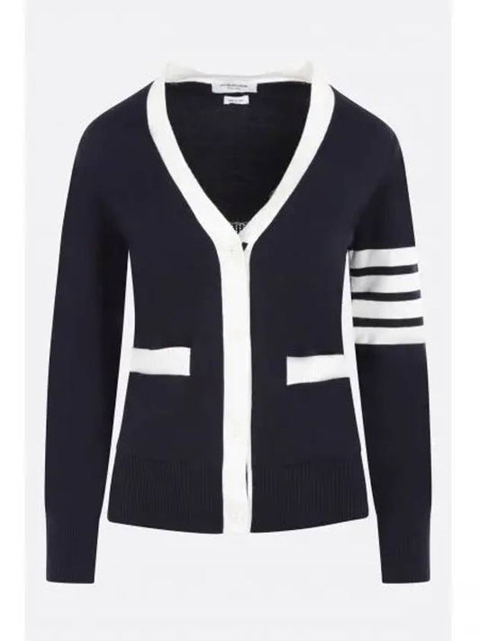 Cotton Hector Pointelle 4 Bar V Neck Cardigan Navy - THOM BROWNE - BALAAN 2