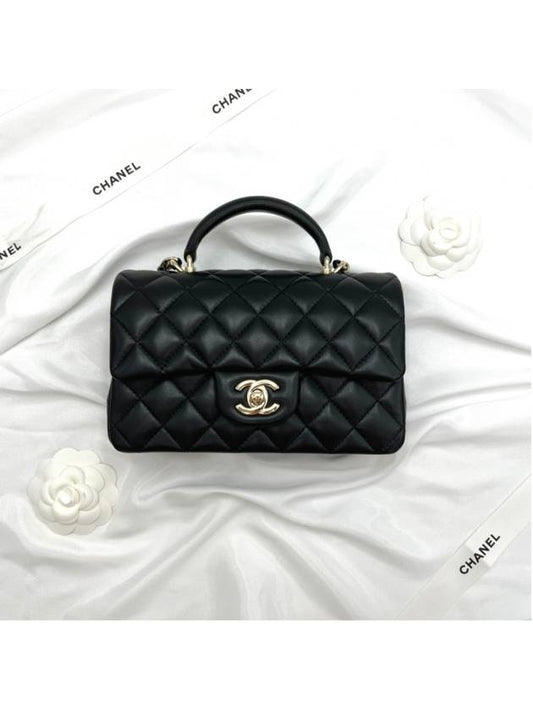 Gold Hardware Top Handle Mini Lambskin Flap Cross Bag Black - CHANEL - BALAAN 2