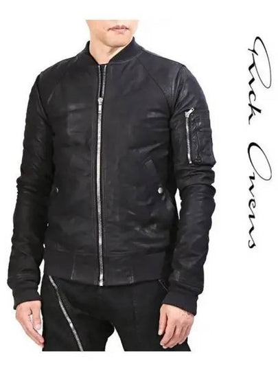 Men Zipper Pocket Leather Bomber Jacket Black - RICK OWENS - BALAAN 2