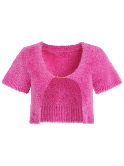 La Maile Neve Logo Charm Fluffy Crop Cardigan Pink - JACQUEMUS - BALAAN 2