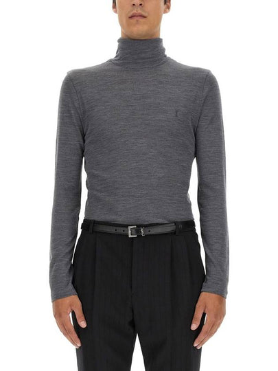 Embroidered Logo Roll Neck Wool Knit Top Grey - SAINT LAURENT - BALAAN 2