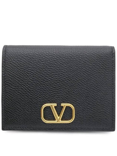 V Logo Signature Flap Compact Half Wallet Black - VALENTINO - BALAAN 1