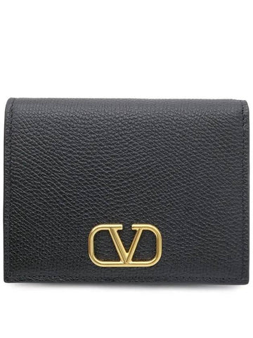 V Logo Signature Flap Compact Half Wallet Black - VALENTINO - BALAAN 1