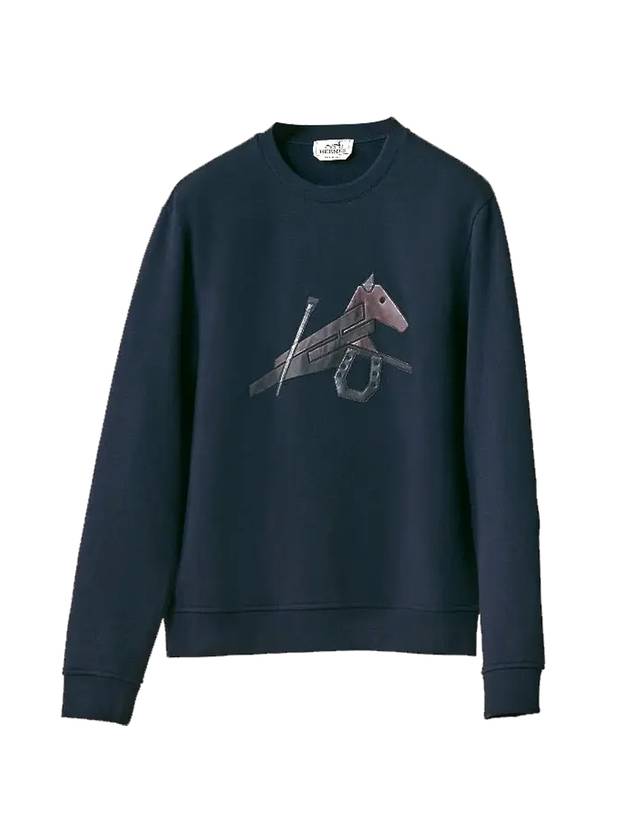 Leather Detail Patch Crew Neck Sweatshirt Navy - HERMES - BALAAN 1