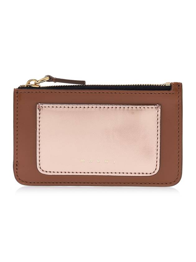 Logo Zipper Leather Card Wallet Brown - MARNI - BALAAN 1