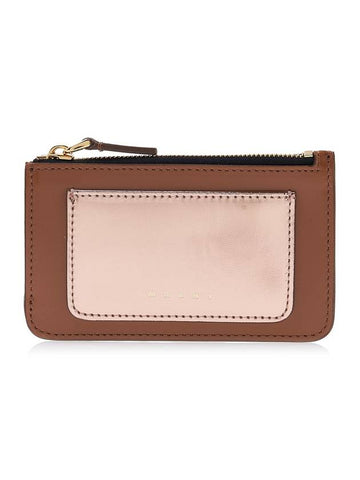 Logo Zipper Leather Card Wallet Brown - MARNI - BALAAN 1