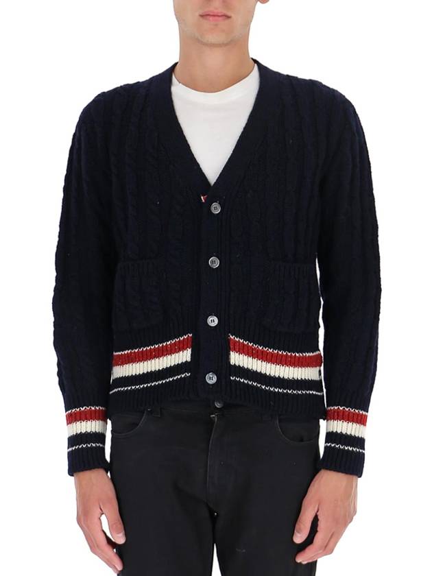 Men's Mix Cable V-Neck Classic Fit Cardigan Navy - THOM BROWNE - BALAAN.