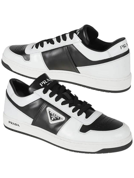 Men's Downtown Triangle Logo Leather Low Top Sneakers Black White - PRADA - BALAAN 2