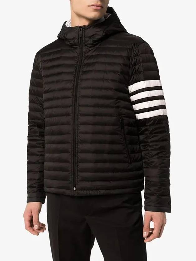 Matte Nylon 4-Bar Stripe Downfill Quilted Hoodie Padding Black - THOM BROWNE - BALAAN 4