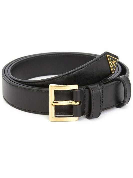 Women's Gold Triangle Logo Leather Belt Black - PRADA - BALAAN 2