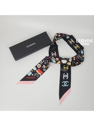 Cruz CC Logo Heart Stars Silk Twilly Bandeau Scarf Black Pink AA9663A - CHANEL - BALAAN 1