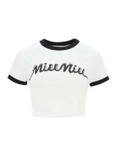 Logo Print Cropped Short Sleeve T-Shirt Black White - MIU MIU - BALAAN 2