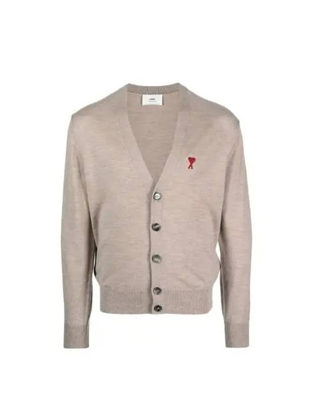 Red Heart Logo Merino Wool Cardigan Beige - AMI - BALAAN 2