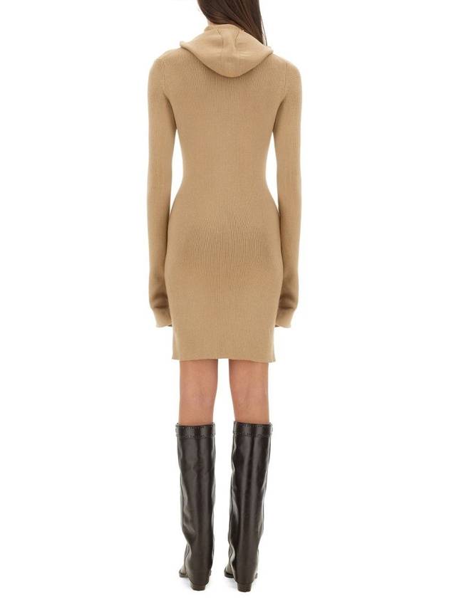 Long Sleeve Hooded Wool Silk Short Dress Beige - FENDI - BALAAN 4