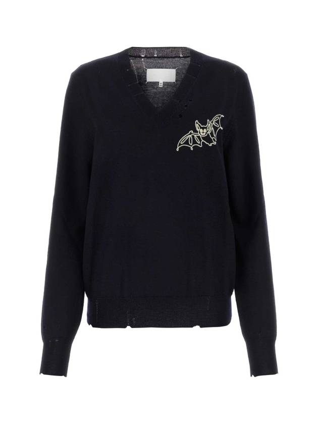 Bat Embroidered V-neck Wool Knit Top Navy - MAISON MARGIELA - BALAAN 1