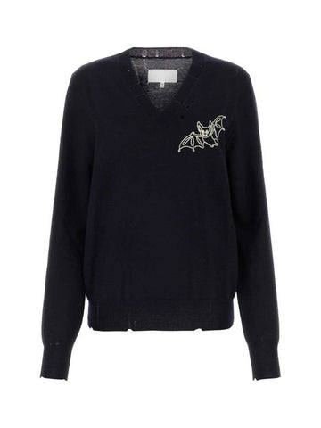 Bat Embroidered V-neck Wool Knit Top Navy - MAISON MARGIELA - BALAAN 1