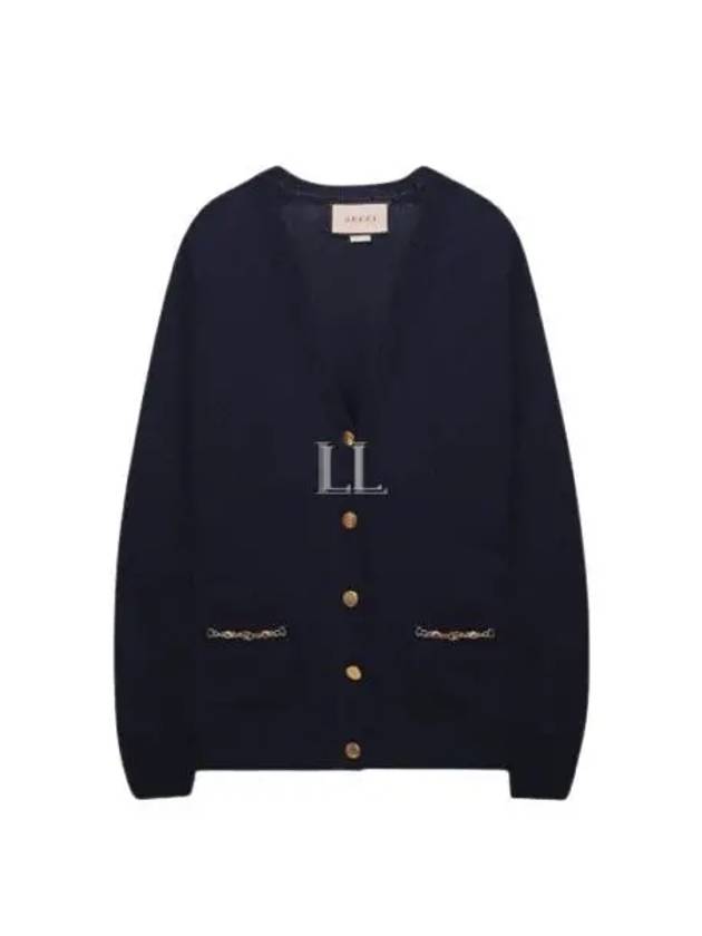 Women's Chain Embellished Cashmere Cardigan Blue - GUCCI - BALAAN 2