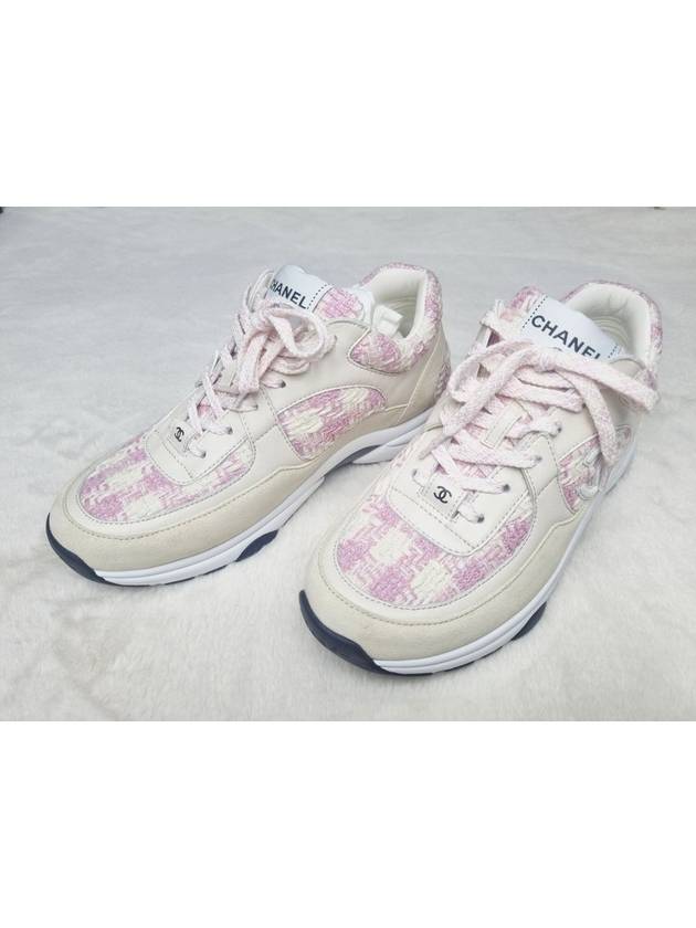 CC Logo Cotton Tweed Suede Calfskin Low Top Sneakers Pink Ecru - CHANEL - BALAAN 7