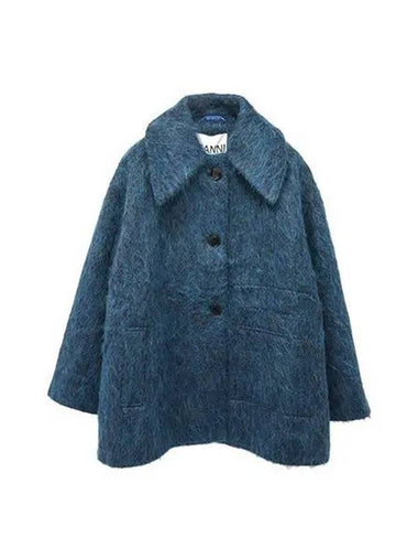 Jacket Fluffy Wool Wide Collar Blue - GANNI - BALAAN 1