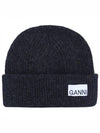 Logo Label Rib Knit Wool Beanie Dark Grey - GANNI - BALAAN 2