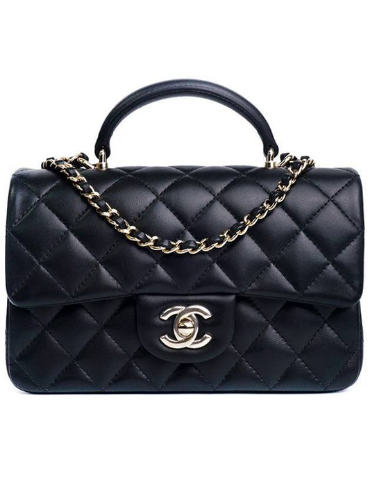 Gold Hardware Top Handle Mini Lambskin Flap Cross Bag Black - CHANEL - BALAAN 1