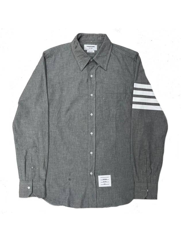 Men's Diagonal Shambray Print Nametag Straight Fit Long Sleeve Shirt Medium Grey - THOM BROWNE - BALAAN 2