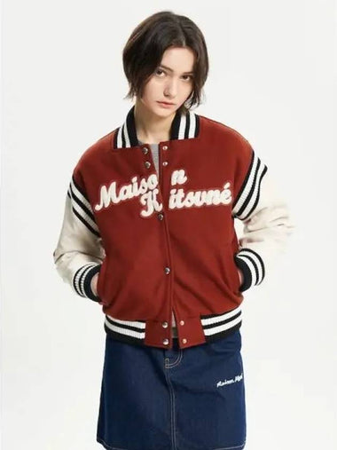 Women s Varsity Baseball Jumper Spring Fall Jacket Wool Felt Blend Leather Sleeve Logo Patch Red Domestic Product - MAISON KITSUNE - BALAAN 1