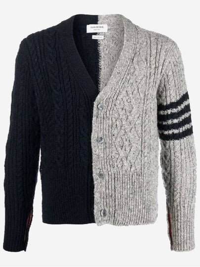 Fun-Mix Aran Cable Donegal 4-Bar Cardigan Navy Grey - THOM BROWNE - BALAAN 2