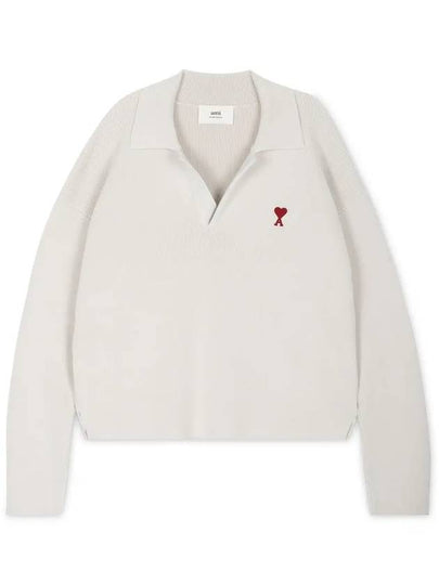 Small Heart Long Sleeve Polo Shirt White - AMI - BALAAN 2