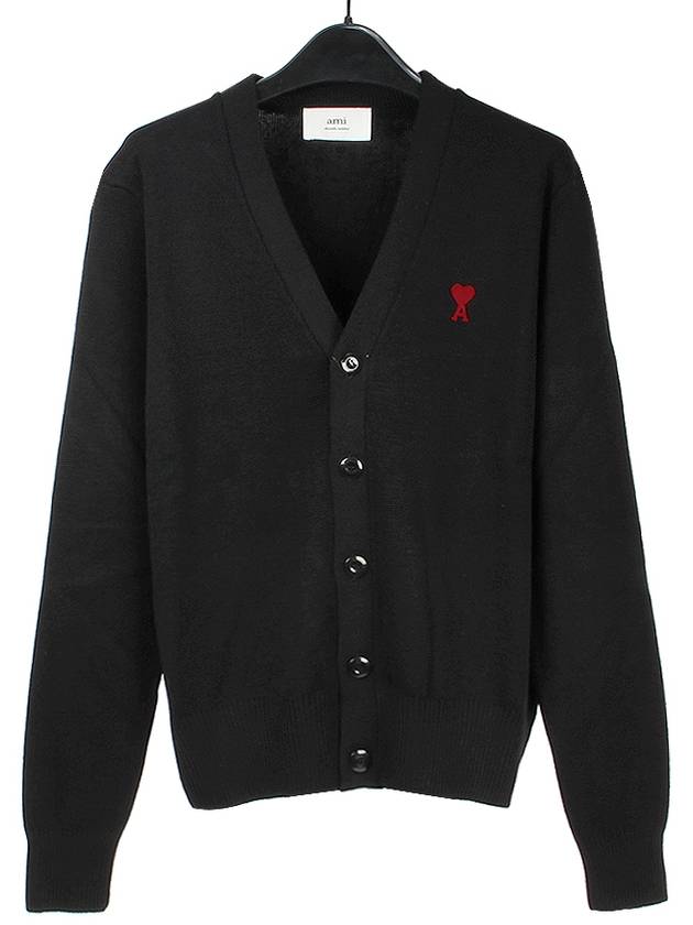 Red Heart Logo Merino Wool Cardigan Black - AMI - BALAAN 2