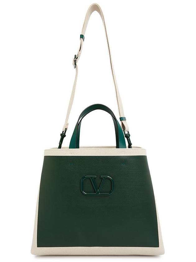 Signature V Logo Canvas Leather Tote Bag Natural Green - VALENTINO - BALAAN.