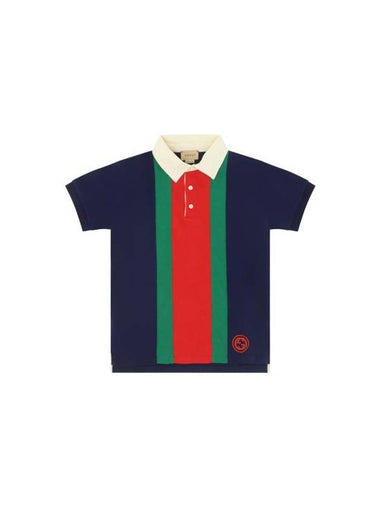 Kids Web Polo Short Sleeve T-Shirt Dark Blue - GUCCI - BALAAN 1